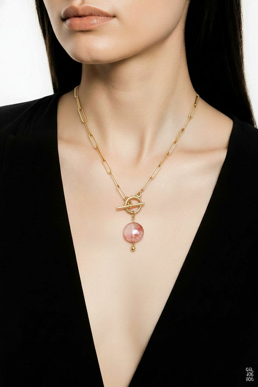 Necklace "Pick Me" - Golden Chain and Strawberry Quartz Natural Stone
