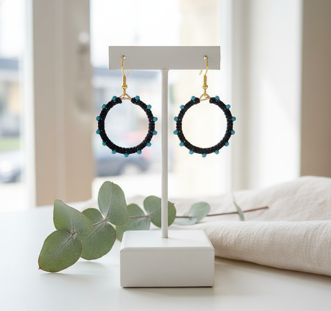 "Crystal My World" Earrings - Round - Black with Natural Turquoise Beads