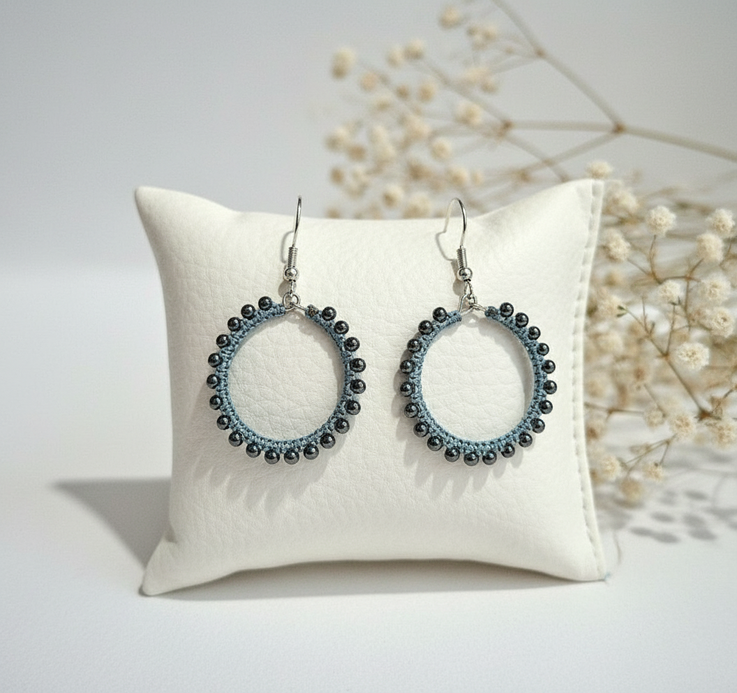 "Crystal My World" Earrings - Round - Aquamarine with Black Hematite Beads