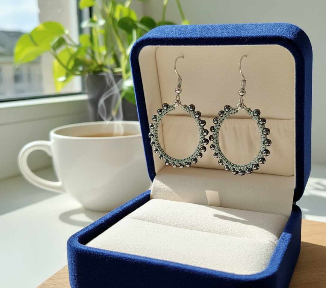 "Crystal My World" Earrings - Round - Gray with Black Hematite Beads