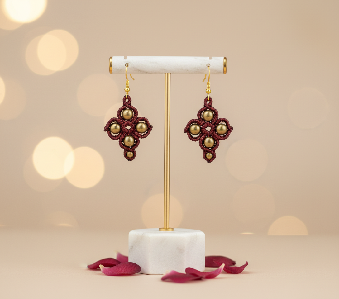 CROSS SHAPED MACRAME EARRINGS-METALLIC RED & HEMATITES