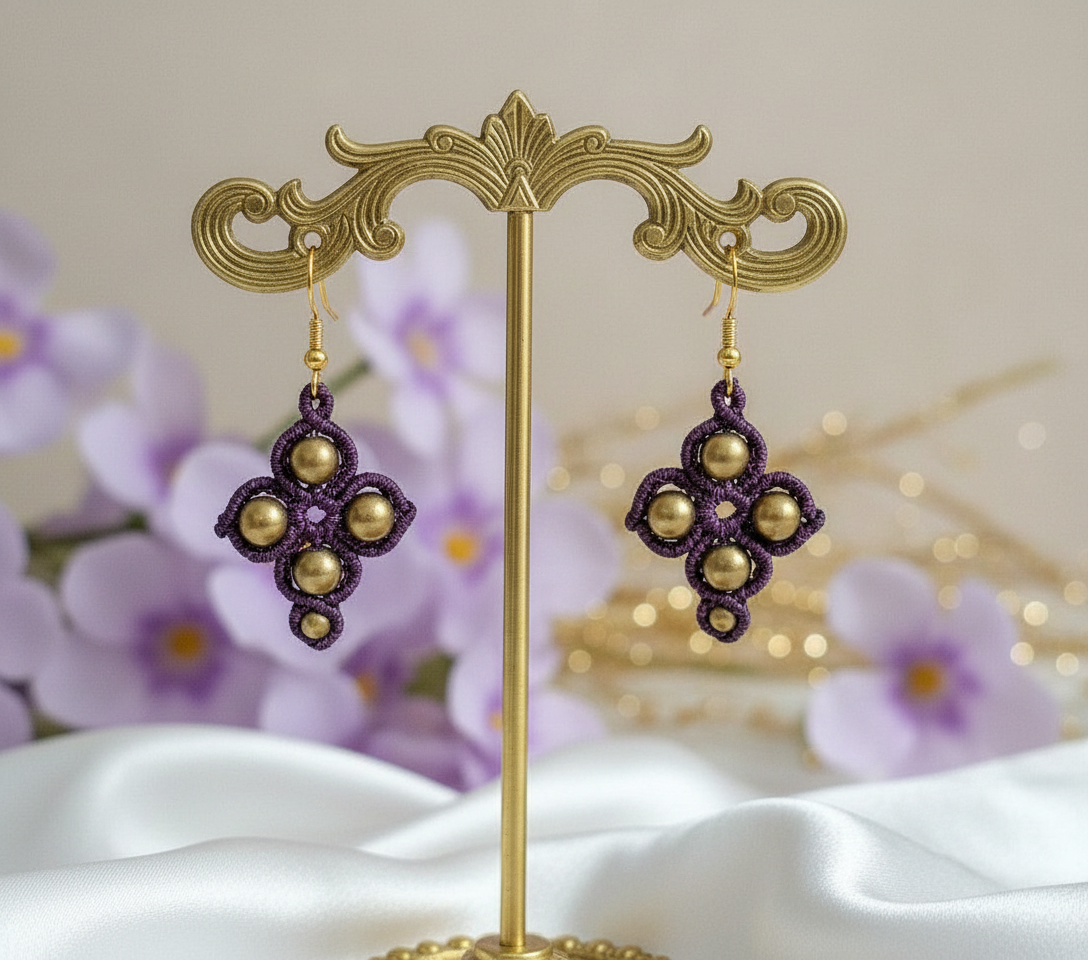 CROSS SHAPED MACRAME EARRINGS-METALLIC PURPLE & HEMATITES