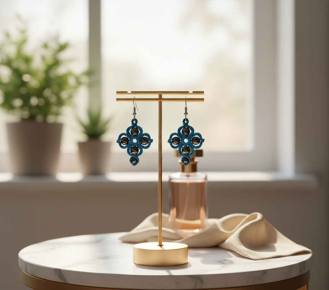 CROSS SHAPED MACRAME EARRINGS-METALLIC BLUE & HEMATITES