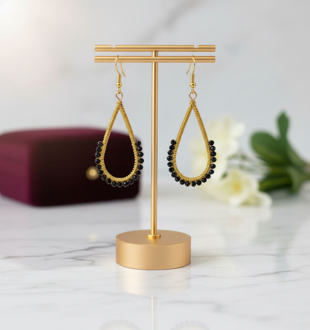 "Crystal My World" Earrings - Water Drop - Gold and Black Crystals