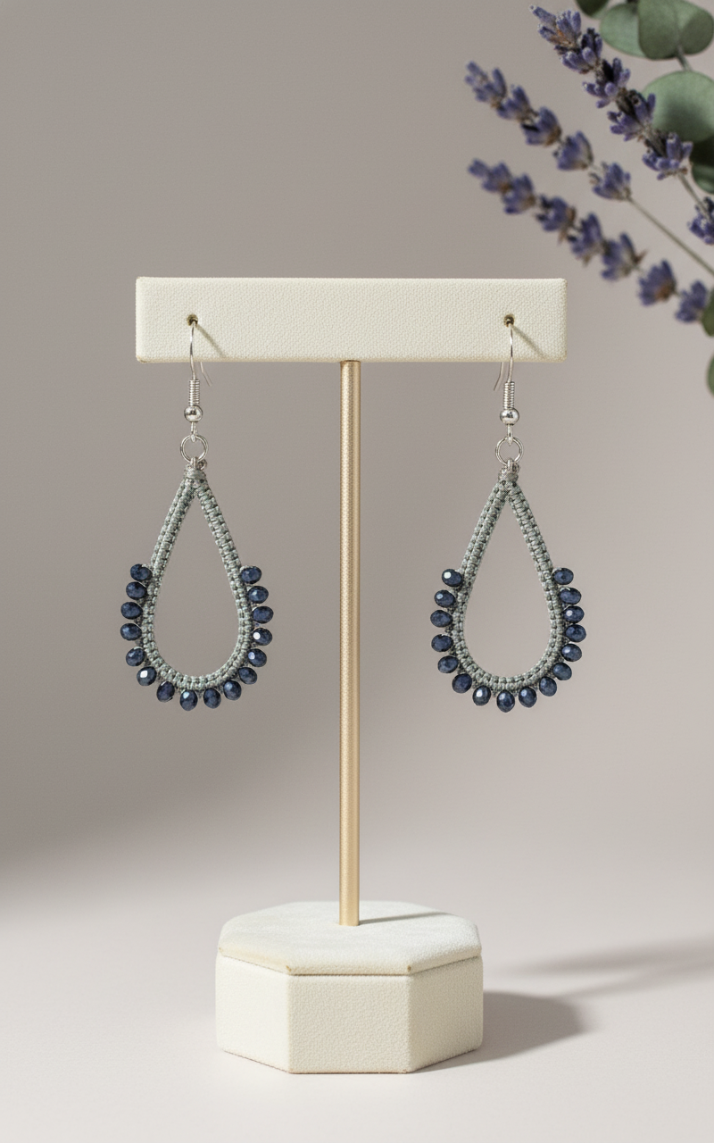 "Crystal My World" Earrings - Water Drop - Gray and Blue/Black Crystals
