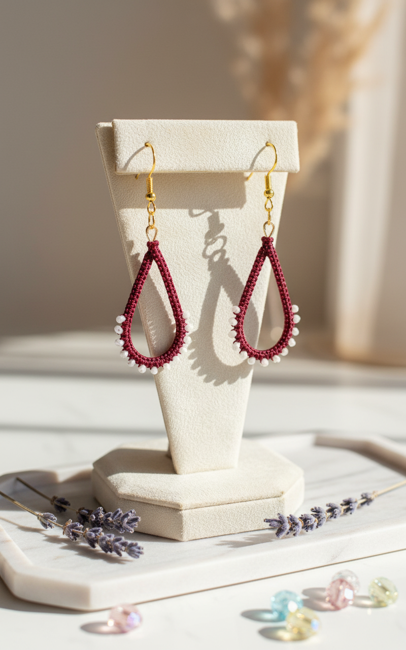 "Crystal My World" Earrings - Water Drop - Burgundy and White Crystals