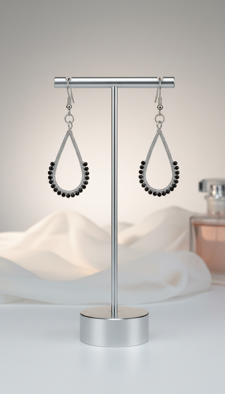 "Crystal My World" Earrings - Water Drop - Silver and Black Crystals