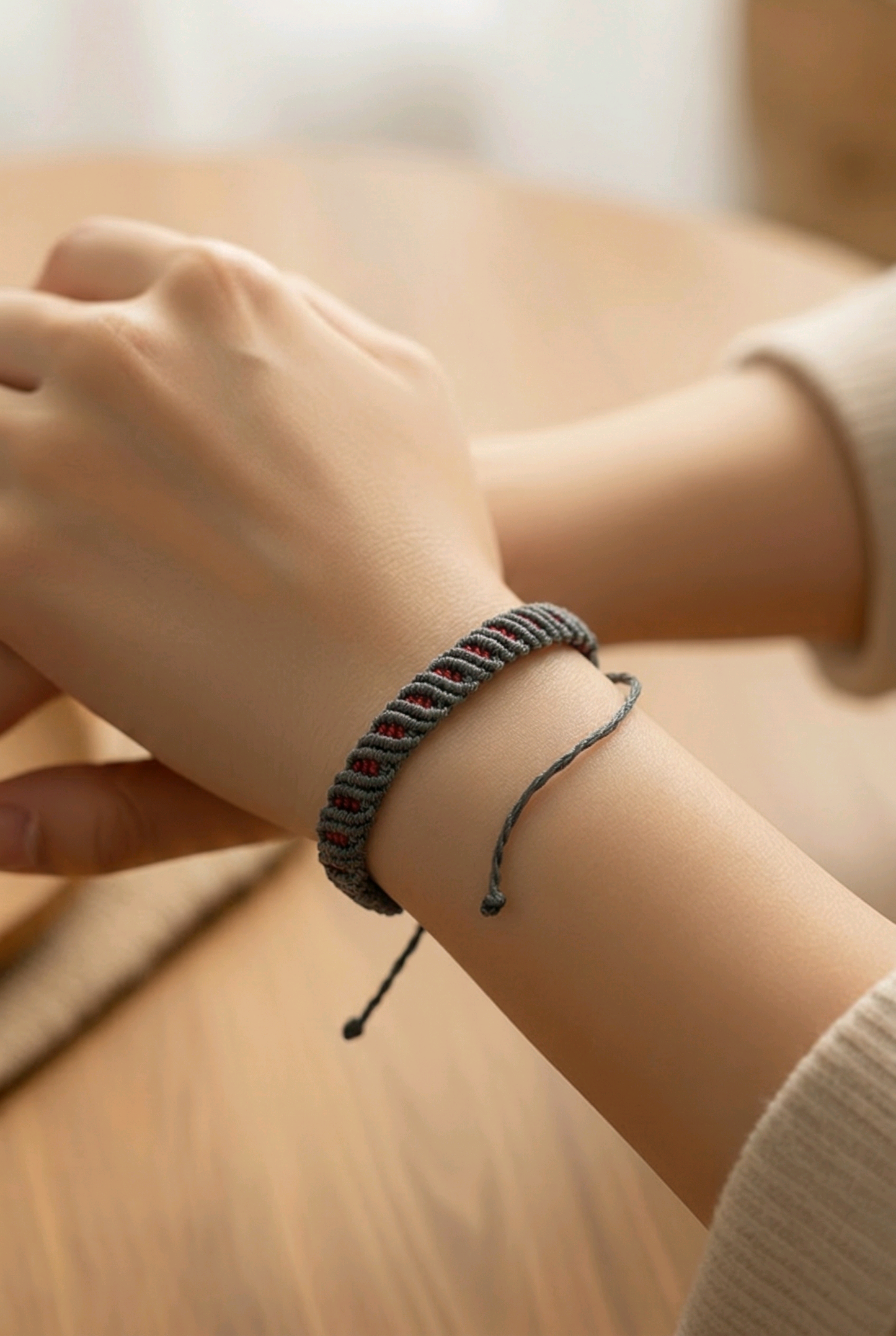 TWO-TONE MACRAME BRACELET GREY WITH RED