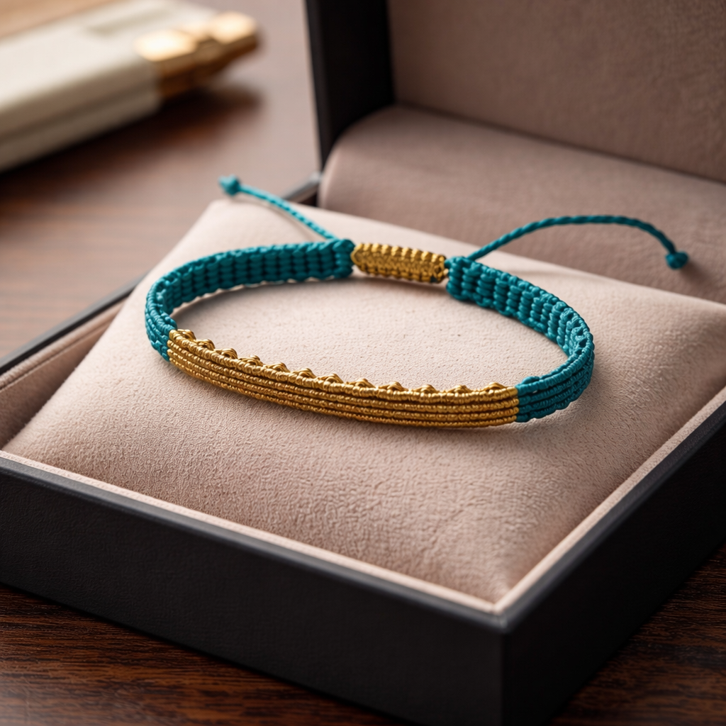 TWO-TONE MACRAME BRACELET AQUAMARINE WITH GOLD