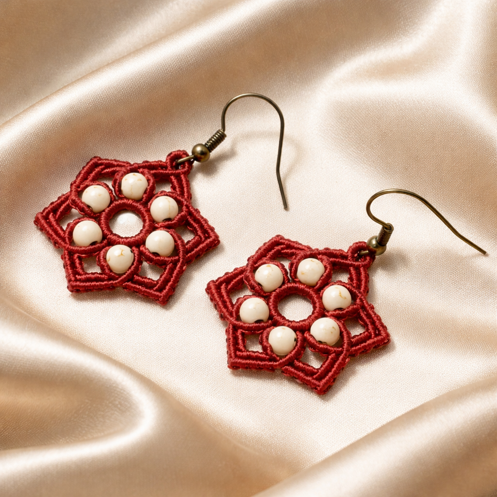 MACRAME RED STAR EARRINGS WITH WHITE HOWLITE NATURAL STONES