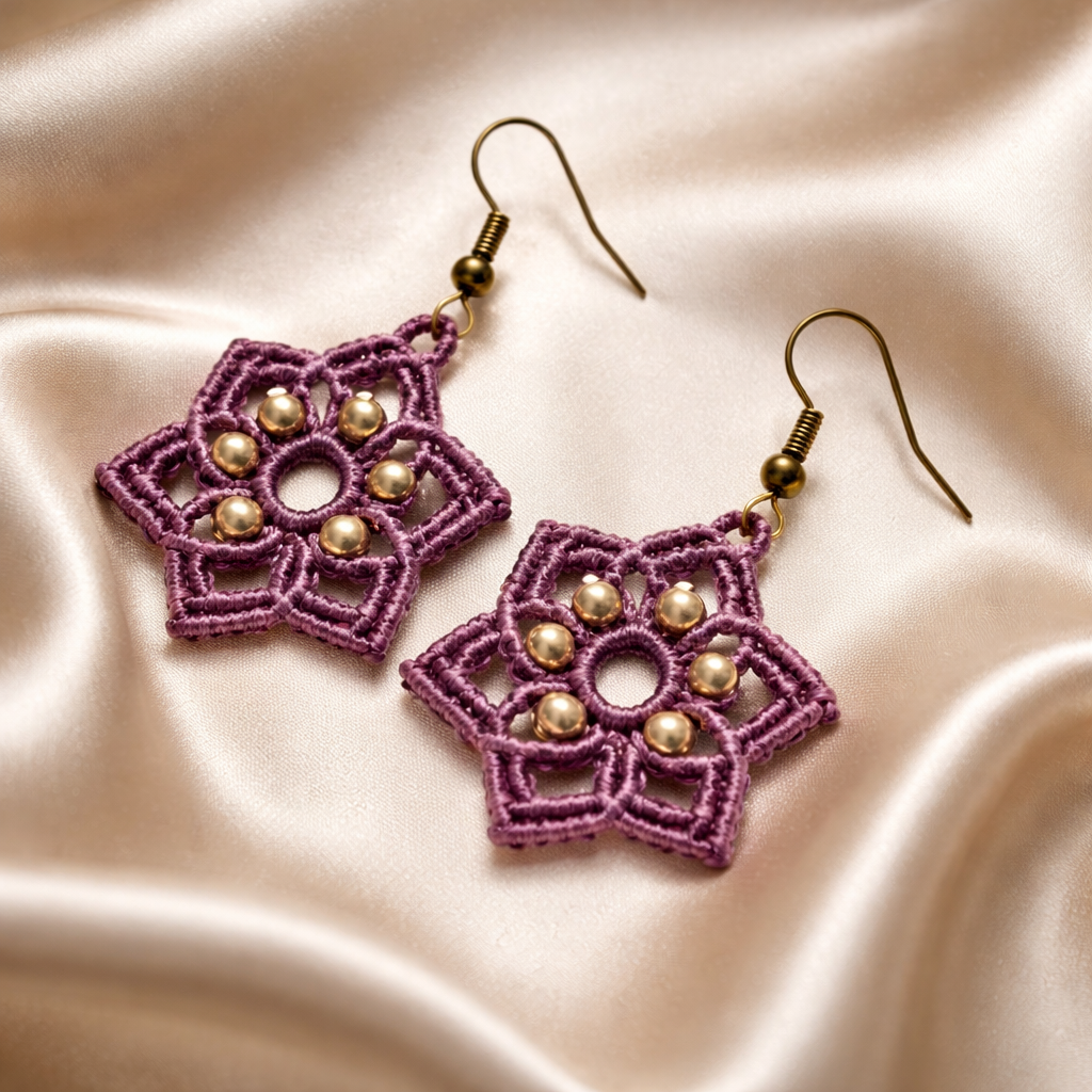 MACRAME PURPLE STAR EARRINGS WITH GOLDEN HEMATITE NATURAL STONES