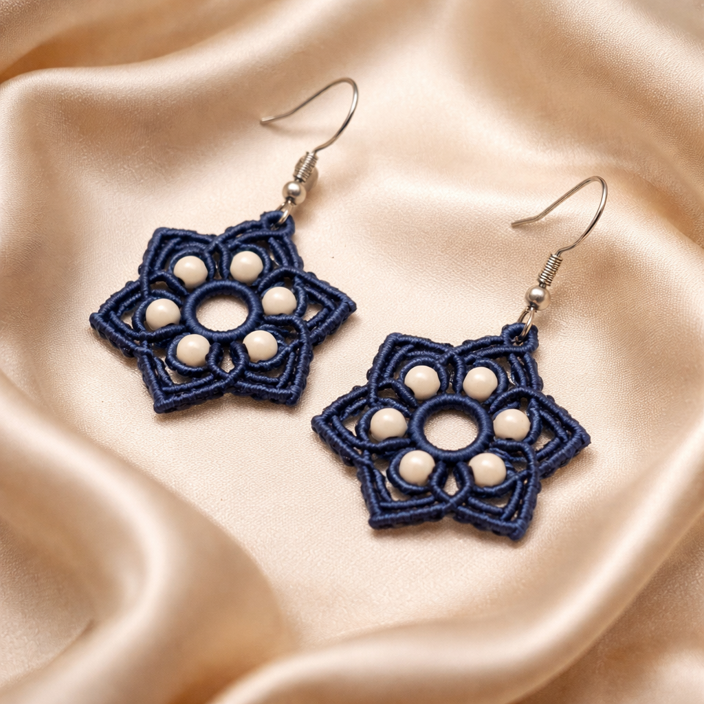 MACRAME BLUE STAR EARRINGS WITH WHITE HOWLITE NATURAL STONES