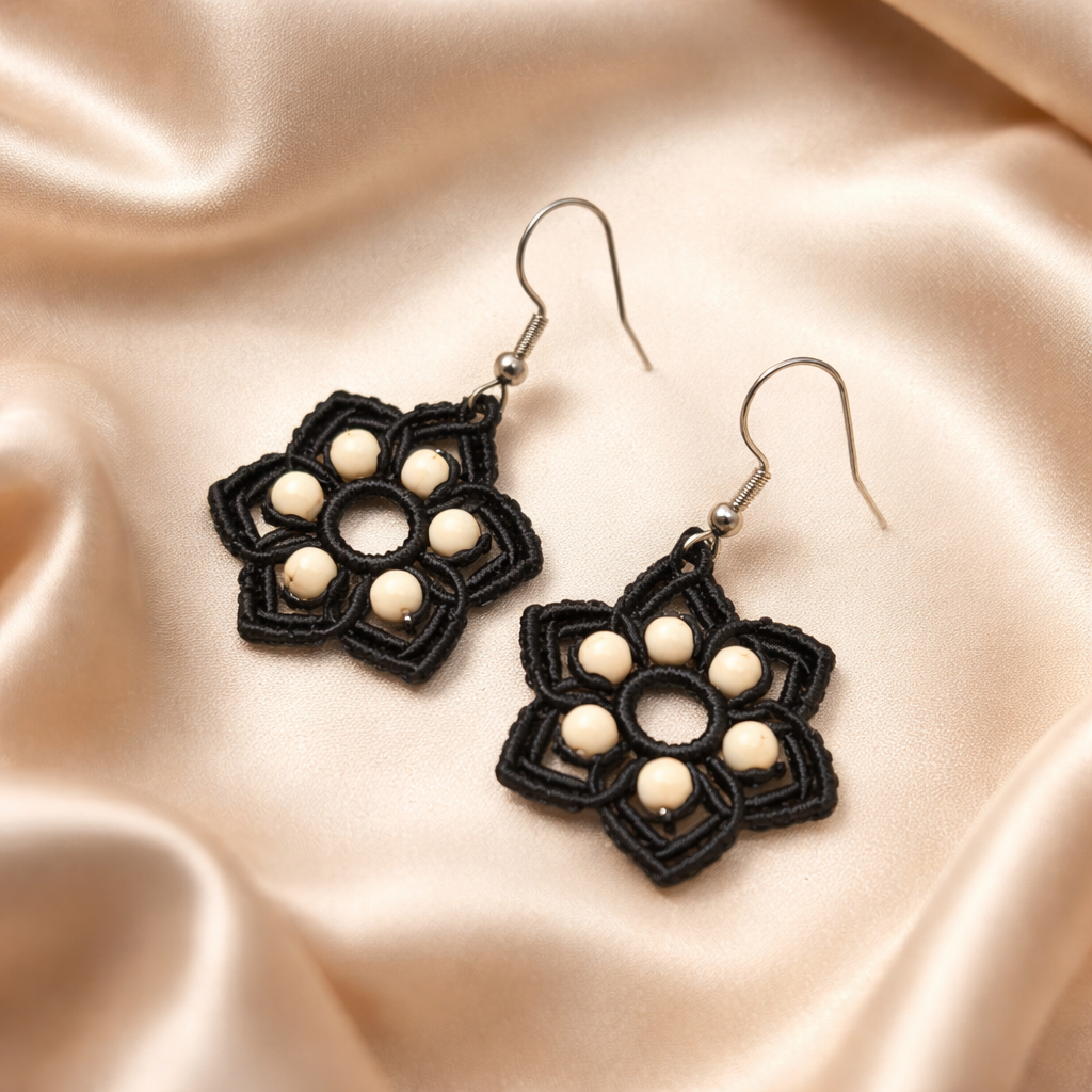 MACRAME BLACK STAR EARRINGS WITH WHITE HOWLITE NATURAL STONES