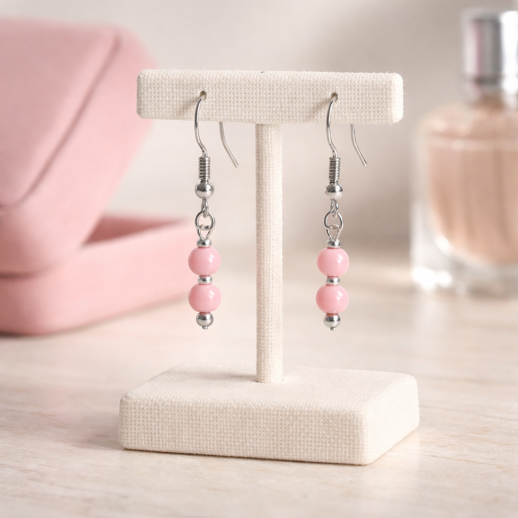 SILVER HOOK EARRINGS WITH PINK QUARTZ BEADS