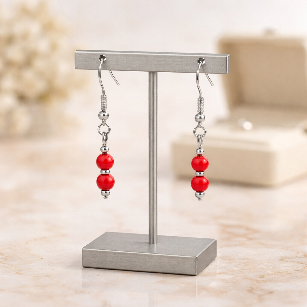 SILVER HOOK EARRINGS WITH RED HOWLITE BEADS