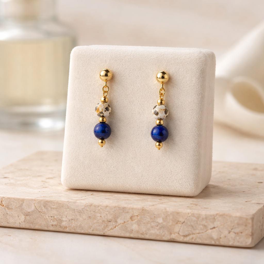 GOLDEN STUD EARRINGS WITH LAPIS LAZULI & DALMATIAN JASPER BEADS