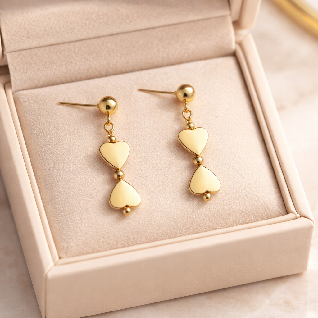 GOLDEN STUD EARRINGS WITH GOLD HEMATITE HEARTS