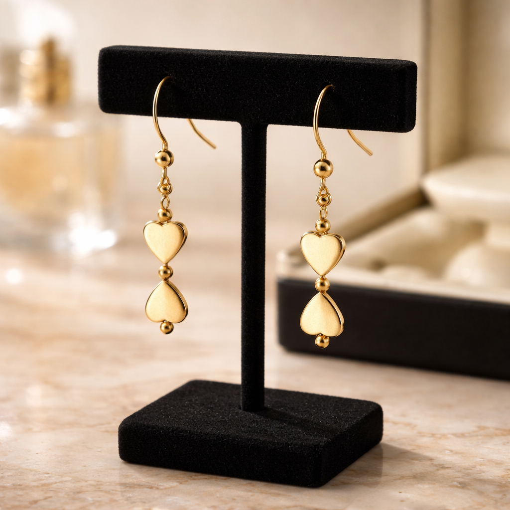 GOLDEN HOOK EARRINGS WITH GOLD HEMATITE HEARTS