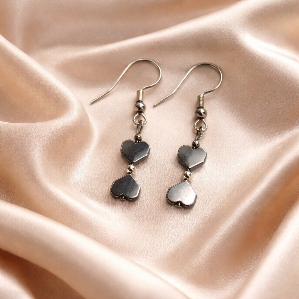 SILVER HOOK EARRINGS WITH BLACK HEMATITE HEARTS