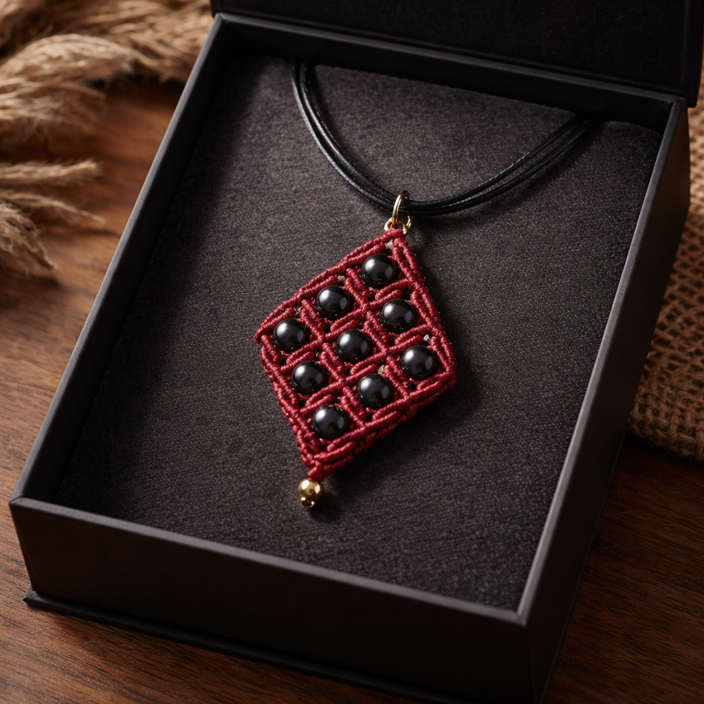 MACRAME DIAMOND SHAPE NECKLACE WITH HEMATITE BEADS