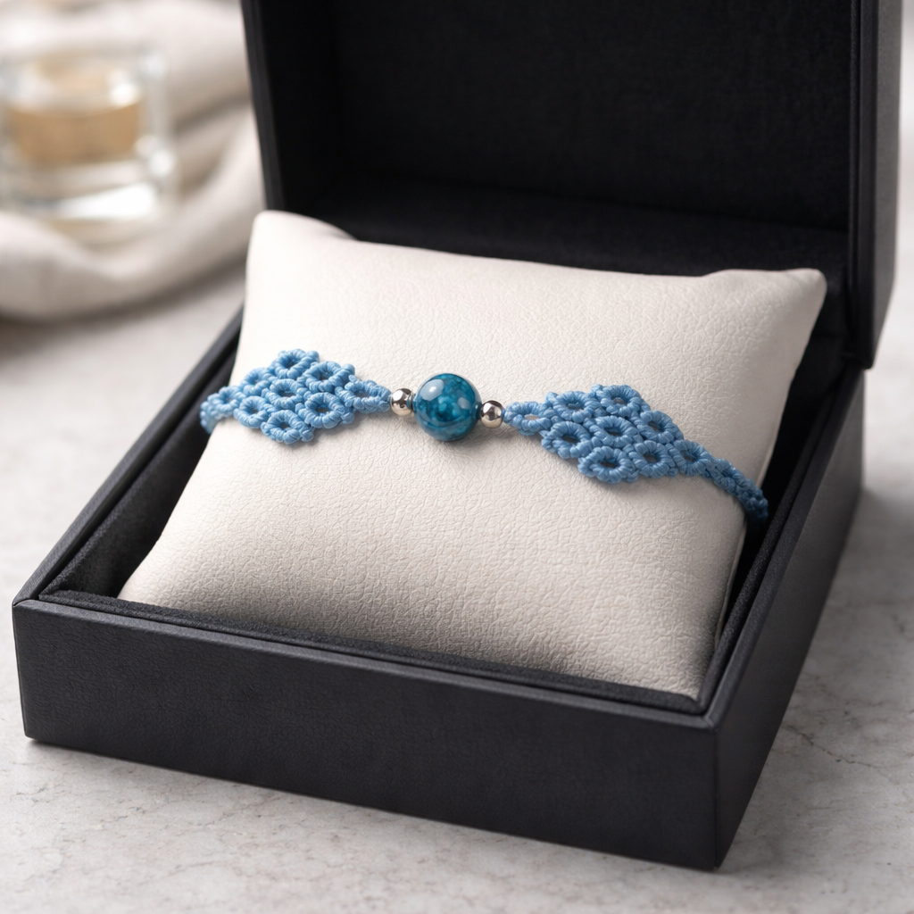 MACRAME BRACELET WITH SEMI-PRECIOUS STONES AND STAINLESS STEEL BEADS- LIGHT BLUE