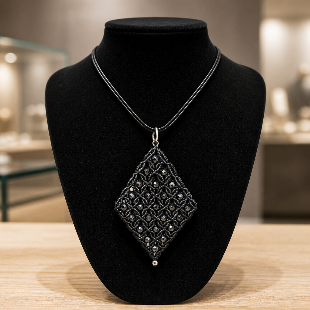 MACRAME DIAMOND SHAPE NECKLACE WITH SMALL HEMATITE BEADS
