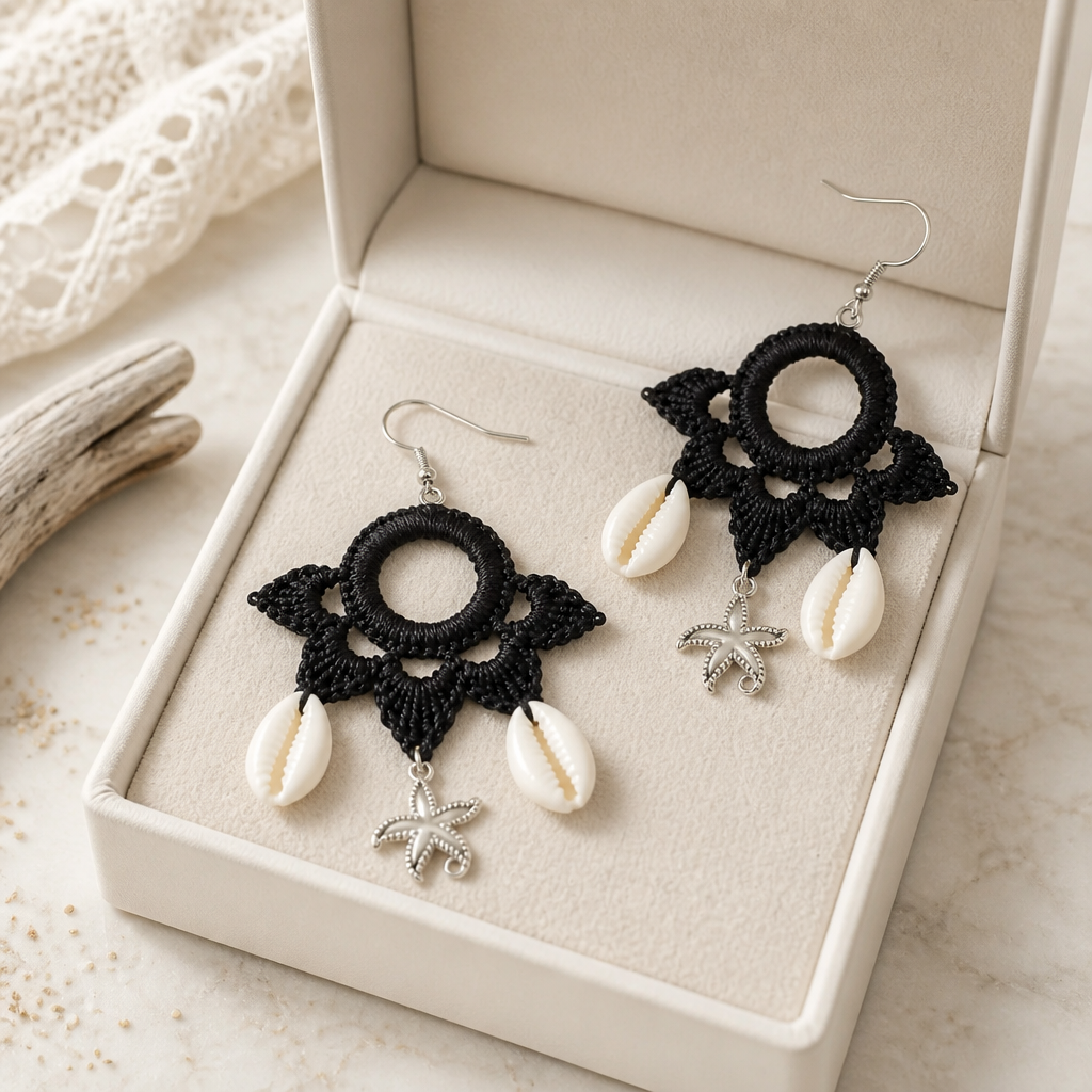 "Summer Vibes" Earrings - Black Color with Starfish and Natural Shells