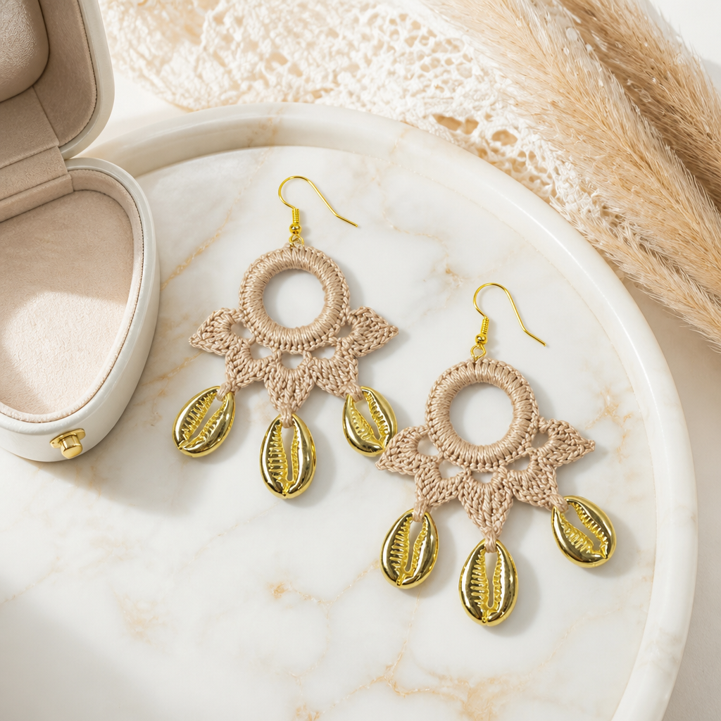 "Summer Vibes" Earrings - Sand color with gold shells