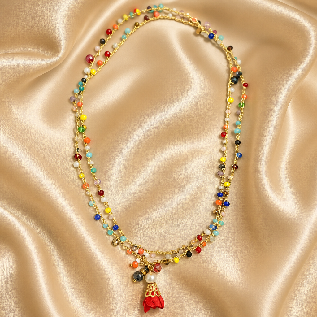 "SOGNO D'ORO"- NECKLACE - GOLD WITH MULTICOLOR CRYSTALS AND TASSEL