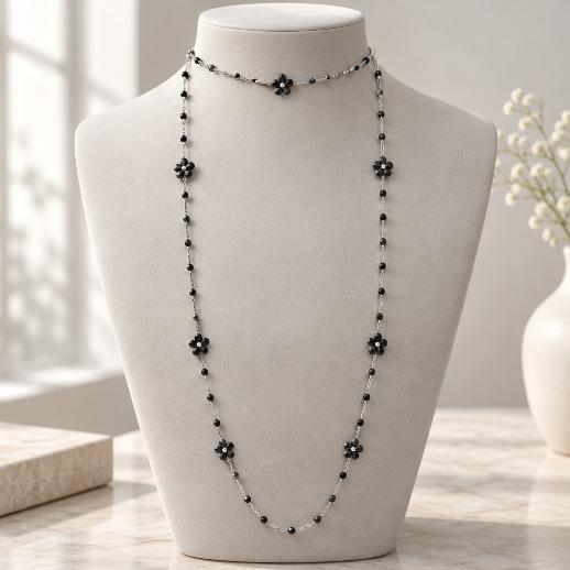 "DAISY" – Necklace – SILVER WITH BLACK CRYSTALS
