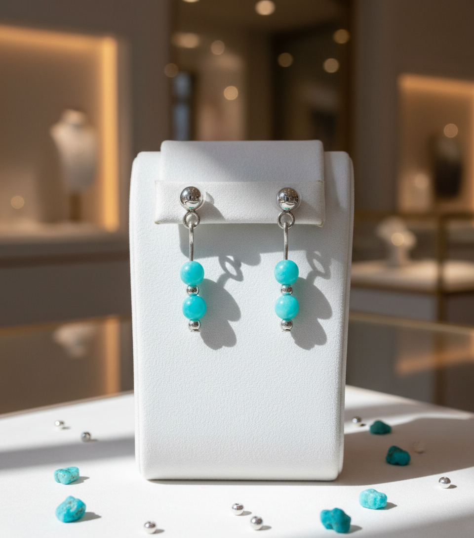 SILVER STUD EARRINGS WITH  AQUAMARINE BEADS