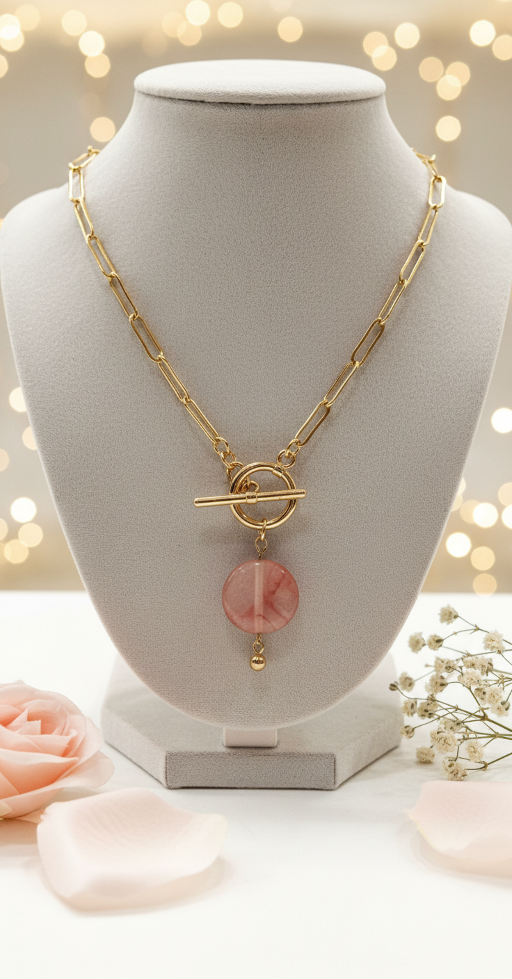 Necklace "Pick Me" - Golden Chain and Strawberry Quartz Natural Stone