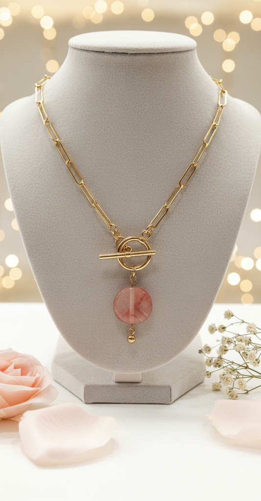 Necklace "Pick Me" - Golden Chain and Strawberry Quartz Natural Stone