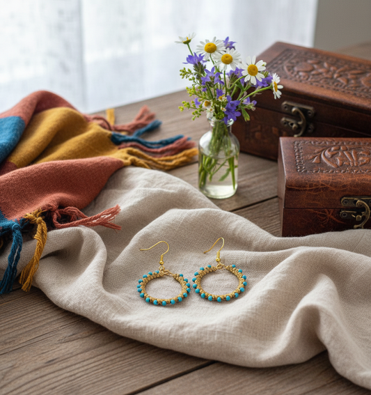 "Crystal My World" Earrings - Round - Gold with Natural Turquoise Beads