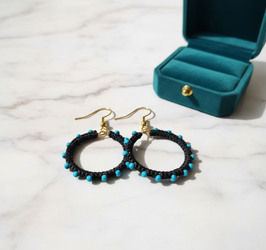 "Crystal My World" Earrings - Round - Black with Natural Turquoise Beads