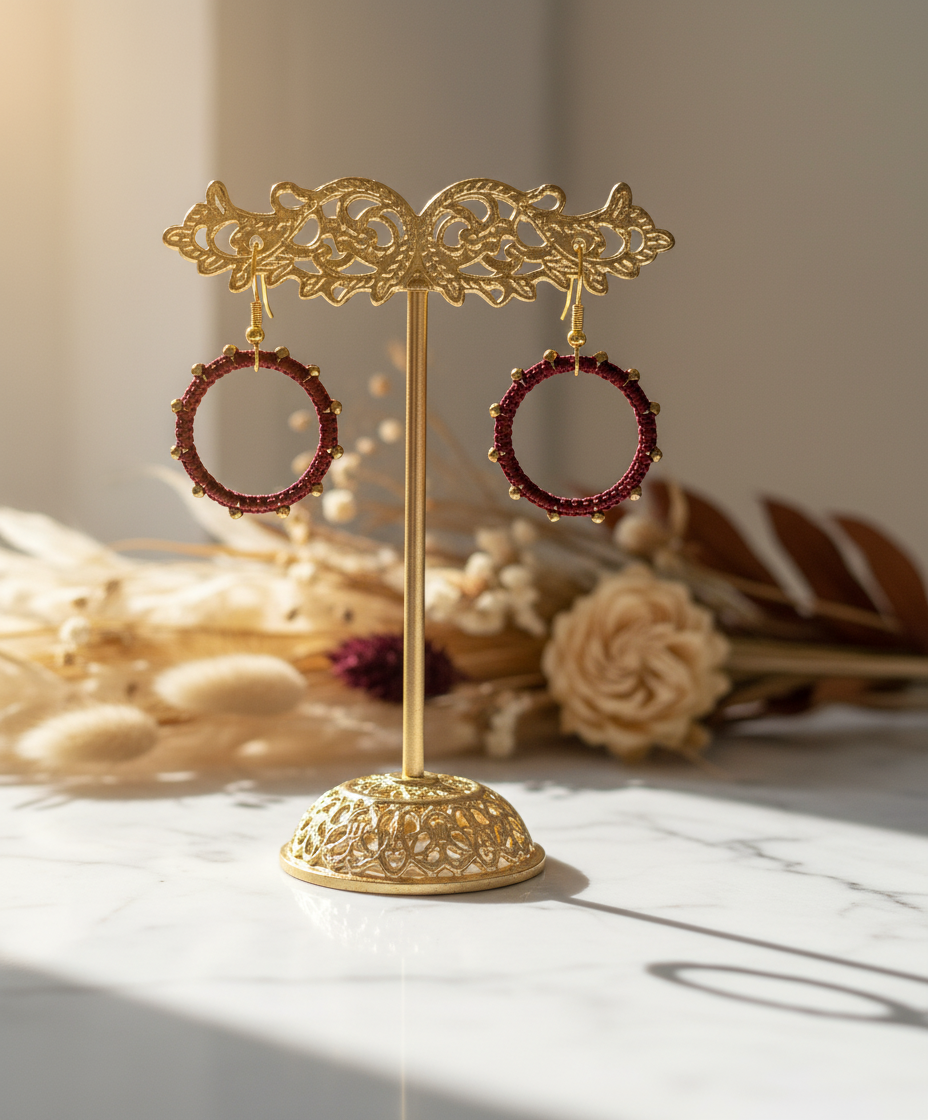 "Crystal My World" Earrings - Round - Burgundy with Gold Crystal Beads