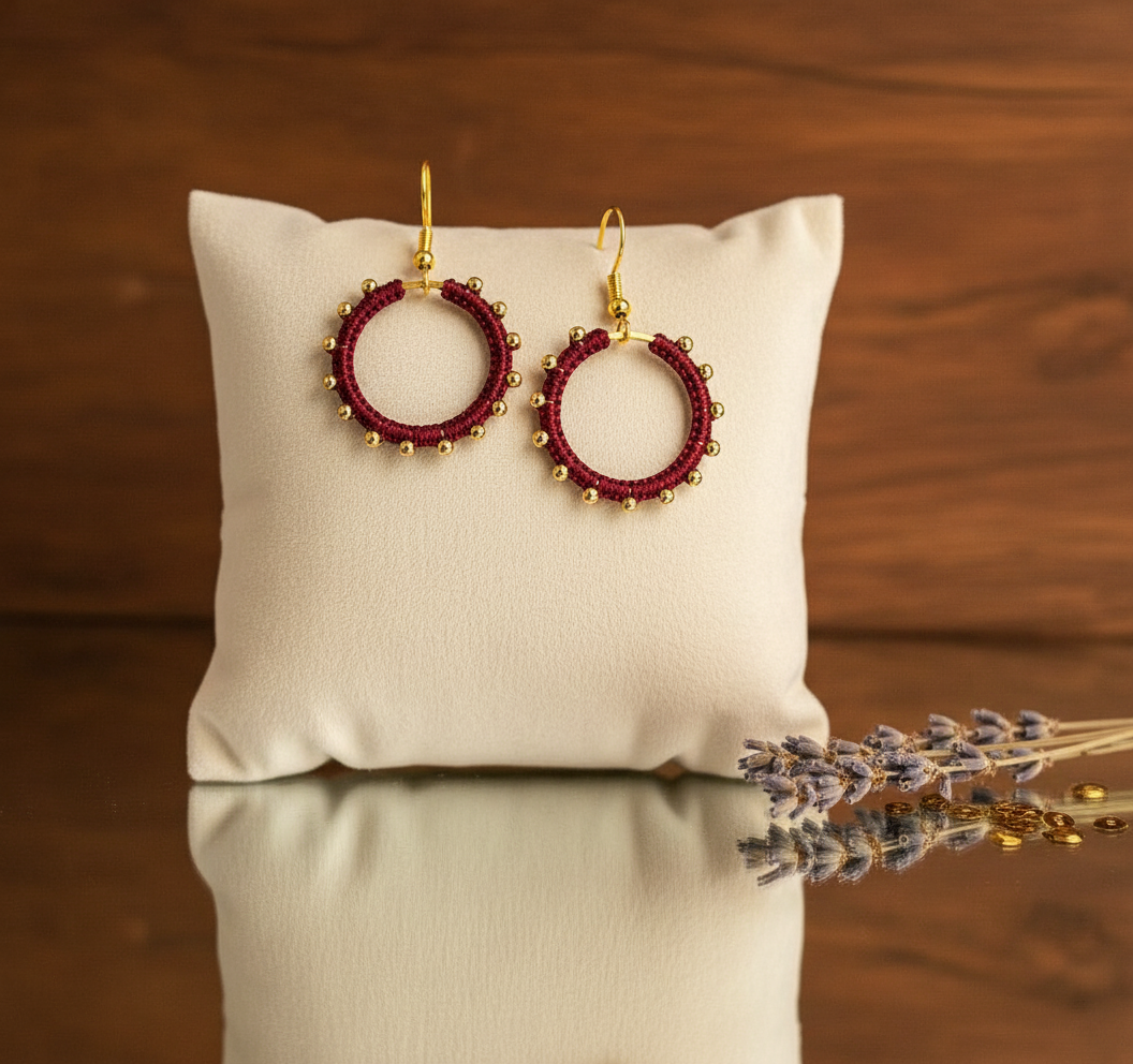 "Crystal My World" Earrings - Round - Burgundy with Gold Hematite Beads