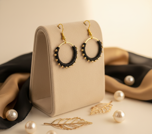 "Crystal My World" Earrings - Round - Black with Gold Hematite Beads- Half Way