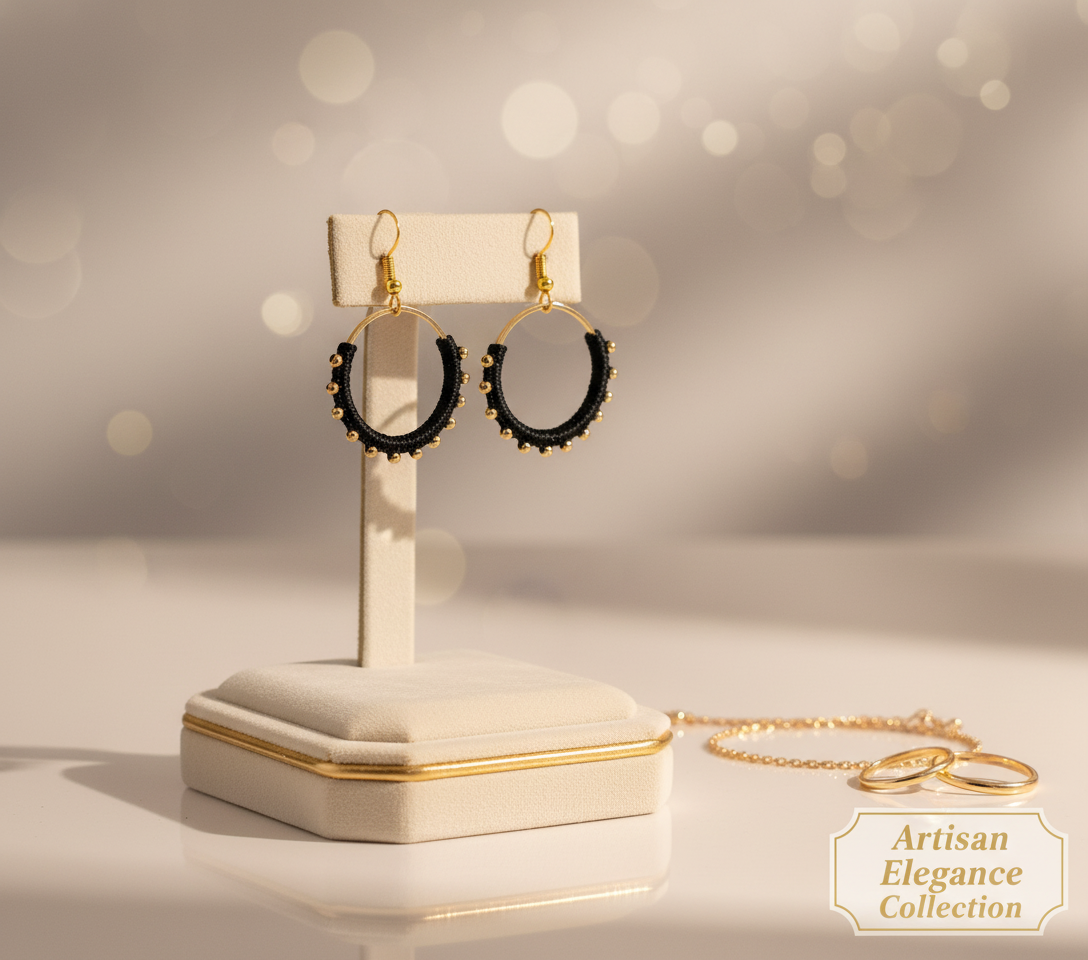 "Crystal My World" Earrings - Round - Black with Gold Hematite Beads- Half Way