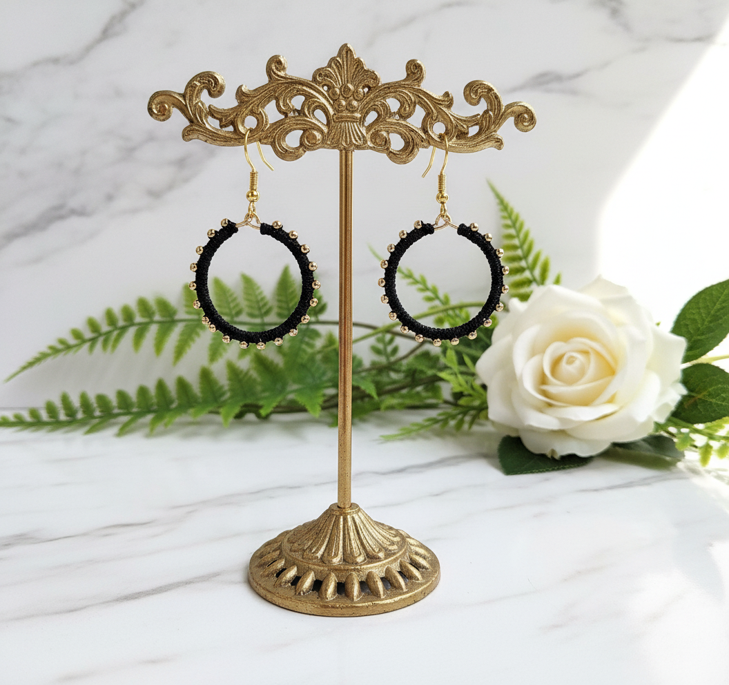 "Crystal My World" Earrings - Round - Black with Gold Hematite Beads