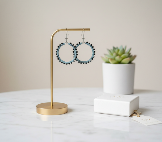 "Crystal My World" Earrings - Round - Aquamarine and Black Crystals