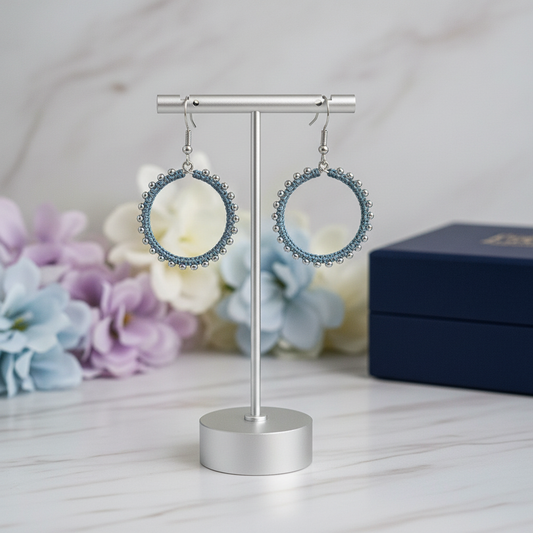 "Crystal My World" Earrings - Round - Aquamarine with Silver Hematite Beads