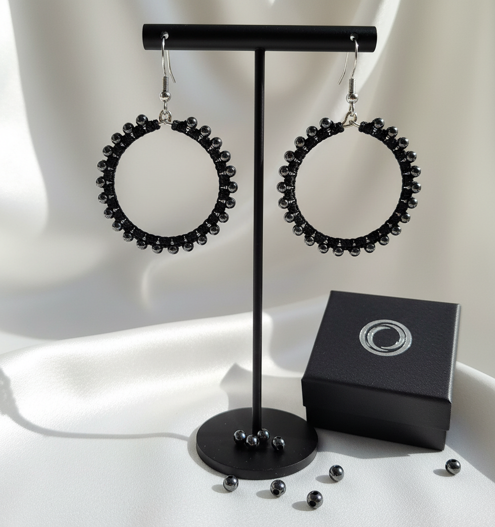 "Crystal My World" Earrings - Round - Black with Black Hematite Beads