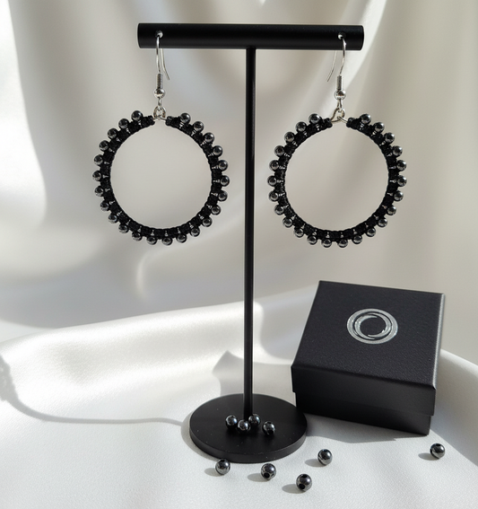 "Crystal My World" Earrings - Round - Black with Black Hematite Beads