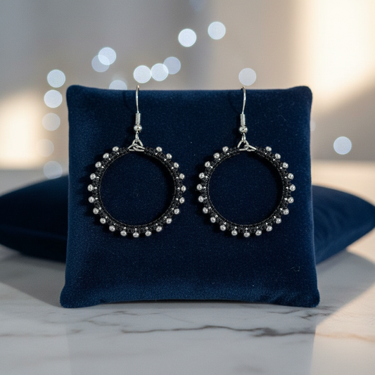 "Crystal My World" Earrings - Round - Black with Silver Hematite Beads