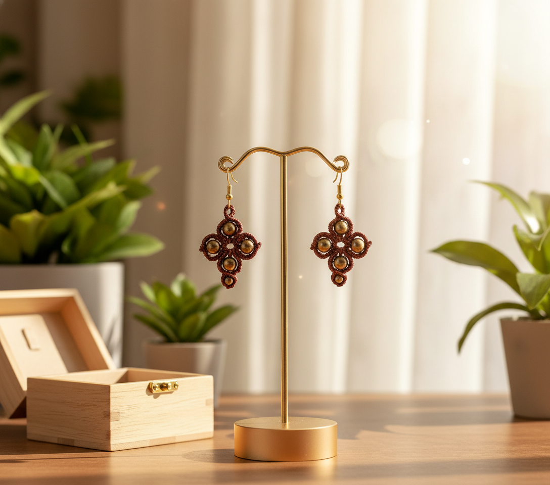 CROSS SHAPED MACRAME EARRINGS-METALLIC BRONZE & HEMATITES