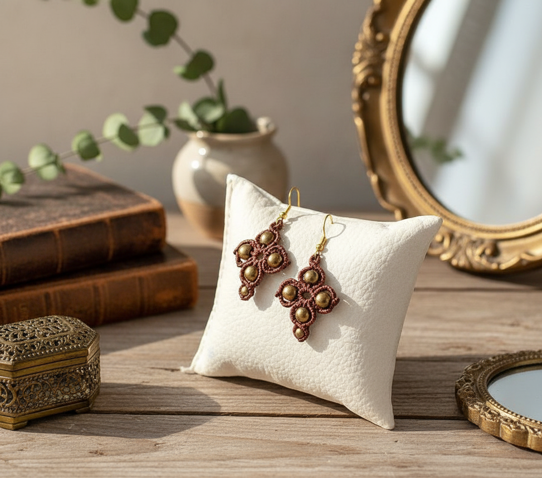 CROSS SHAPED MACRAME EARRINGS-METALLIC BRONZE & HEMATITES