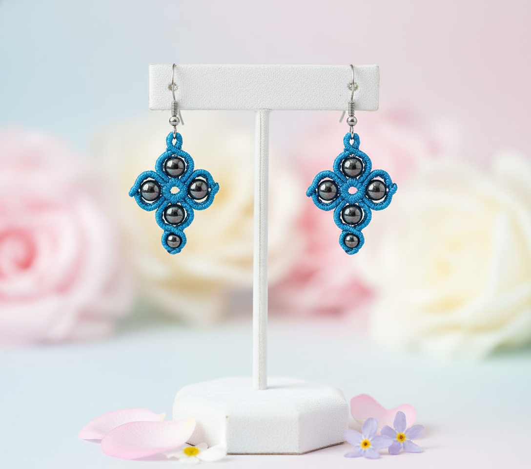 CROSS SHAPED MACRAME EARRINGS-METALLIC BLUE & HEMATITES
