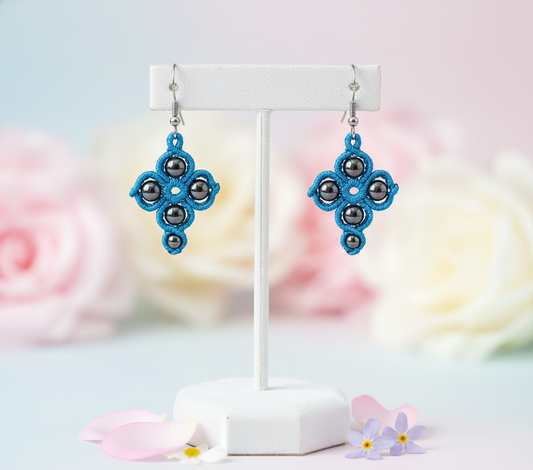 CROSS SHAPED MACRAME EARRINGS-METALLIC BLUE & HEMATITES