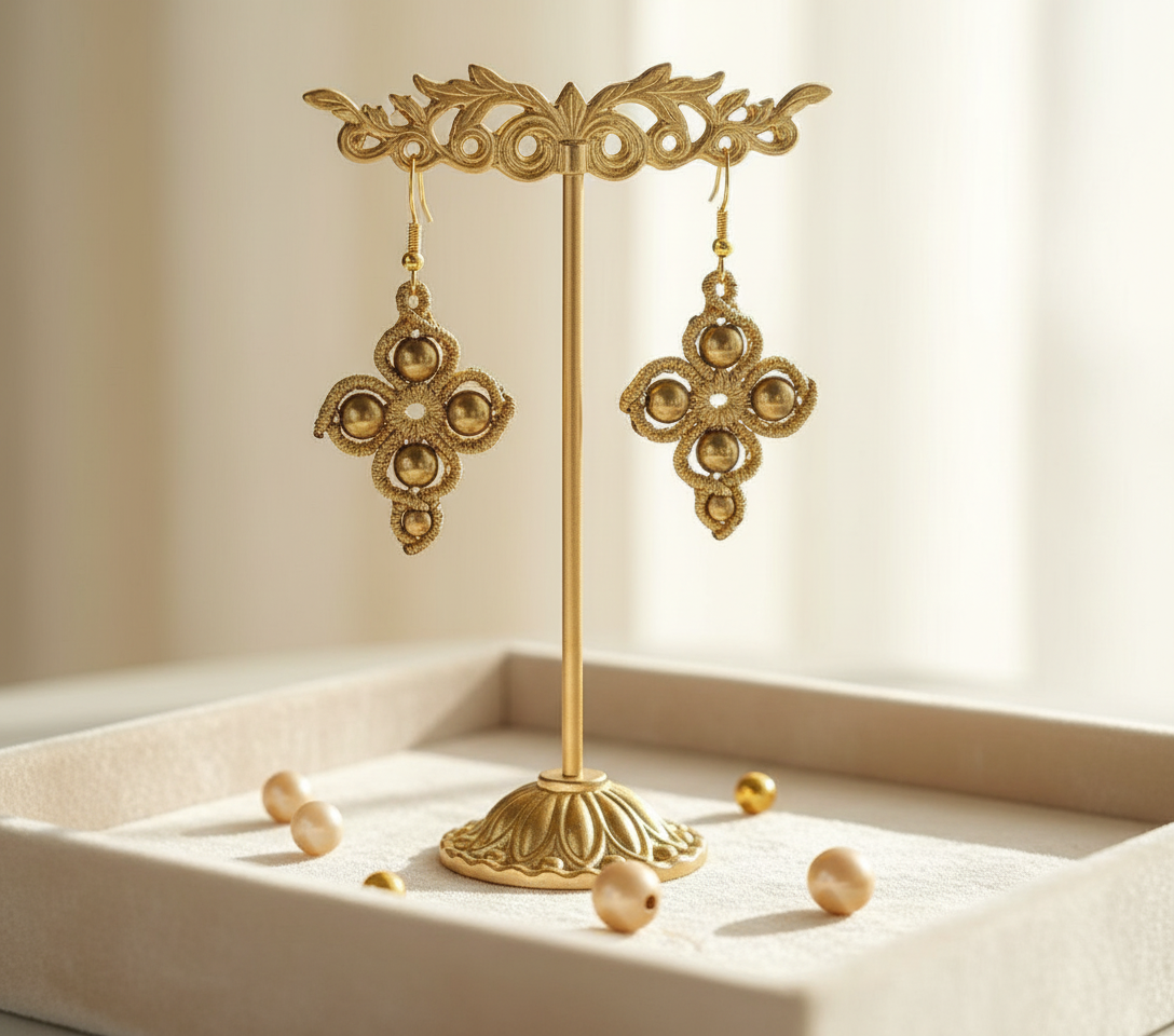 CROSS SHAPED MACRAME EARRINGS-METALLIC GOLD & HEMATITES